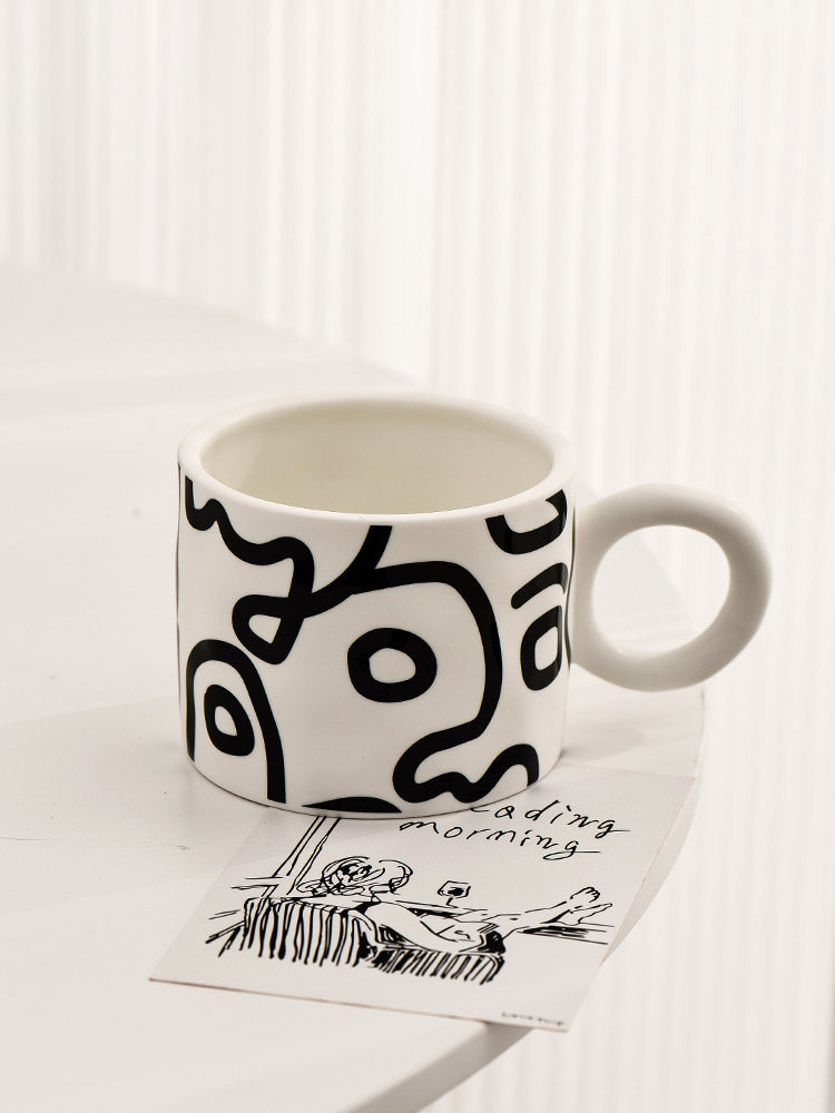 Nordic Style Graffiti Mug, Black and White Ceramic Cup for Coffee and Tea