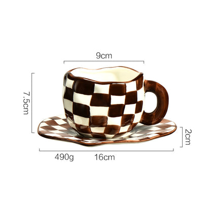 Nordic Style Checkerboard Mug, Ceramic Coffee Tea Cup with Saucer