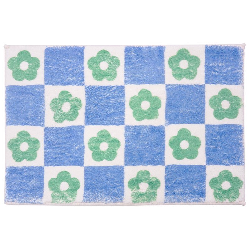 Blue Green Check Flower Bath Mat