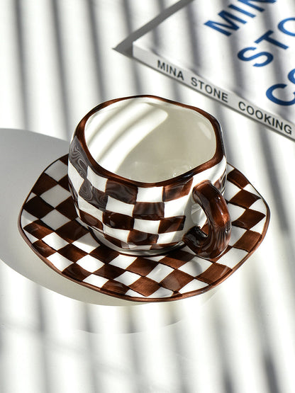 Nordic Style Checkerboard Mug, Ceramic Coffee Tea Cup with Saucer