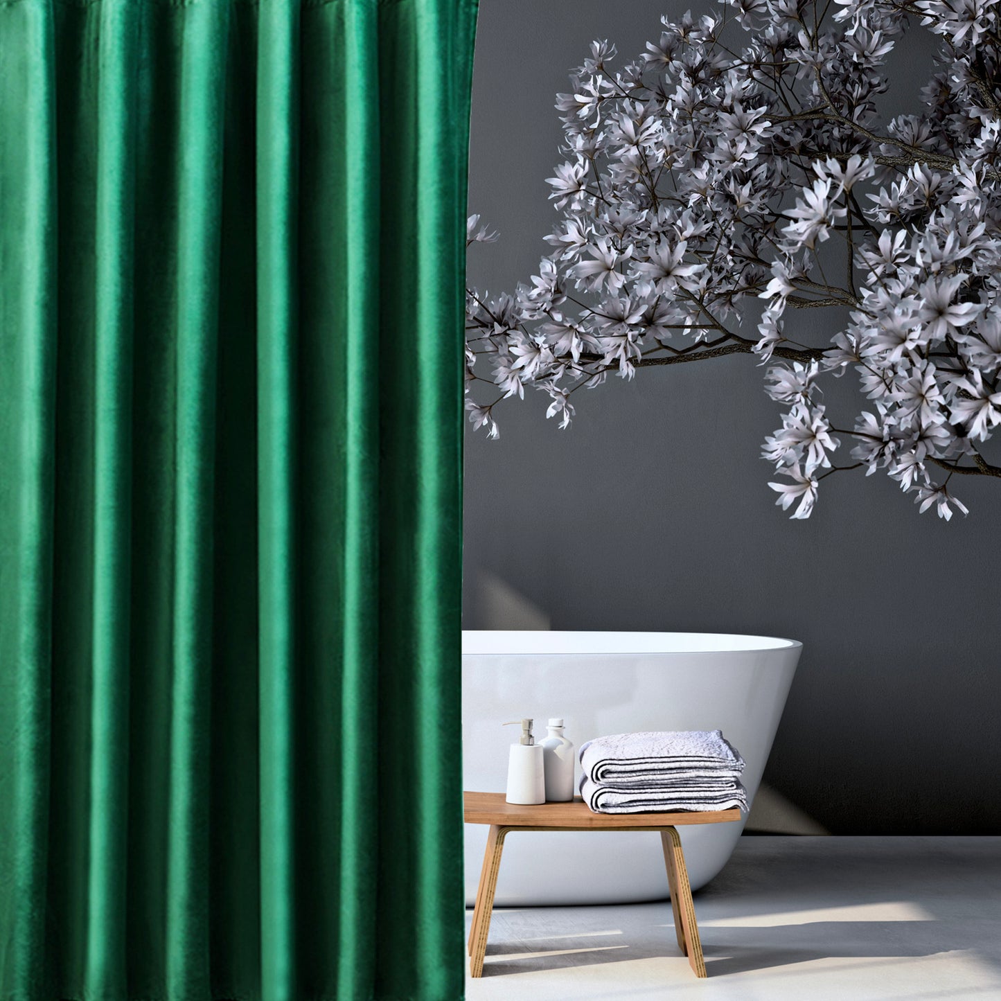 Green Velvet Shower Curtain for Bathroom - Feblilac® Mat