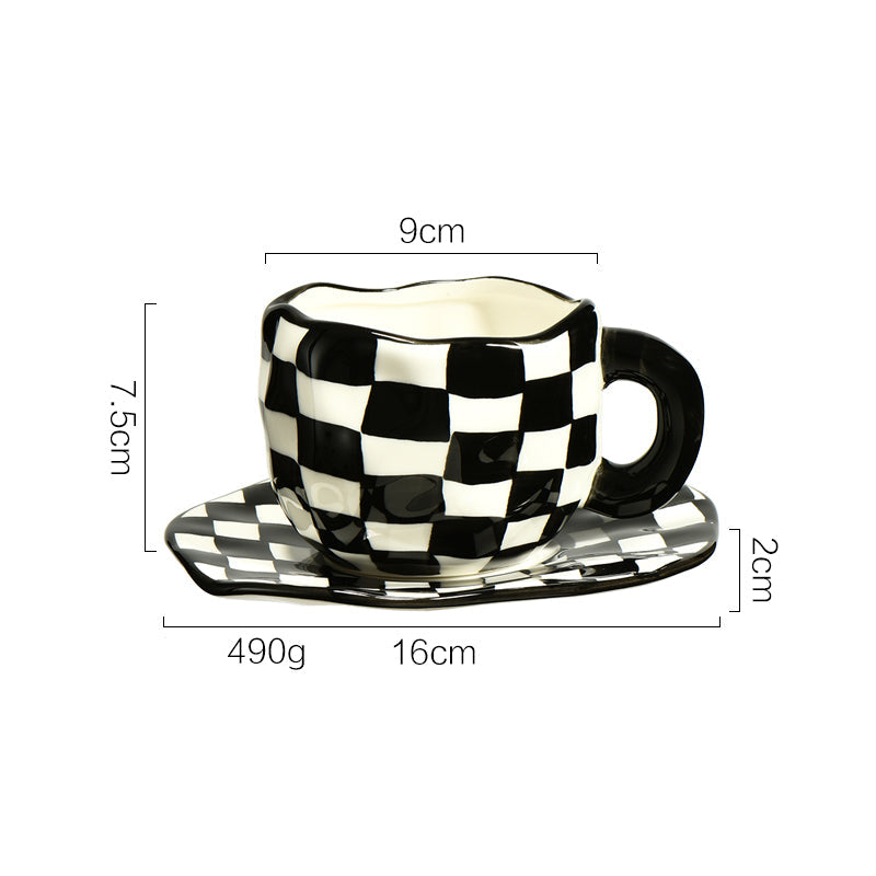 Nordic Style Checkerboard Mug, Ceramic Coffee Tea Cup with Saucer