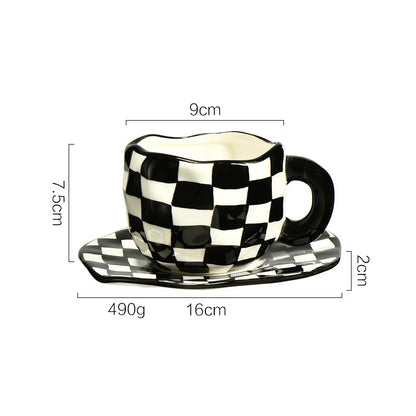 Nordic Style Checkerboard Mug, Ceramic Coffee Tea Cup with Saucer