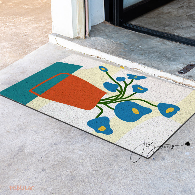 Feblilac Orange Vase and Blue Flowers PVC Coil Door Mat