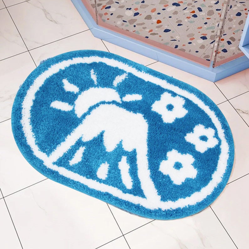 Lake Blue Fuji Mountain and Sakura Blossom Bath Mat, Japanese Bathroom Rug, Cute Bath Decor, 40x60cm or 15x23 inches - Feblilac® Mat