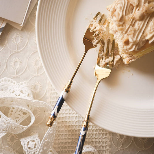 Stainless Steel Fork, Golden Steel and Ceramic Tableware