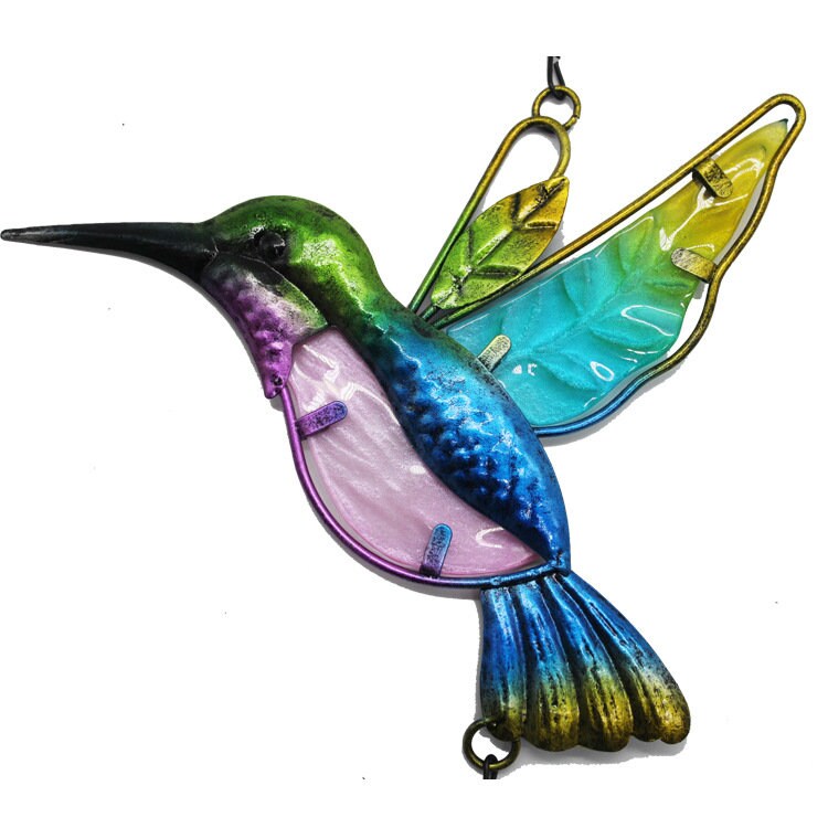 Glass Metal Hummingbird Wind Chime, Modern Style Iron Bell Ring Windchime - view 4