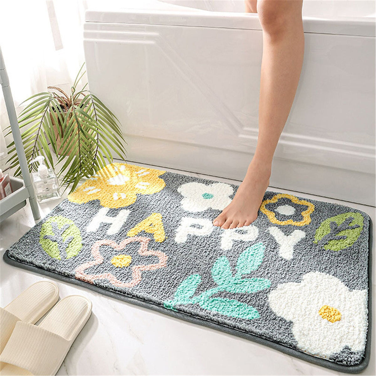 Flower Bath Mat, Colorful Floral Cute Bathroom Rug, Non-slip Mat Moder