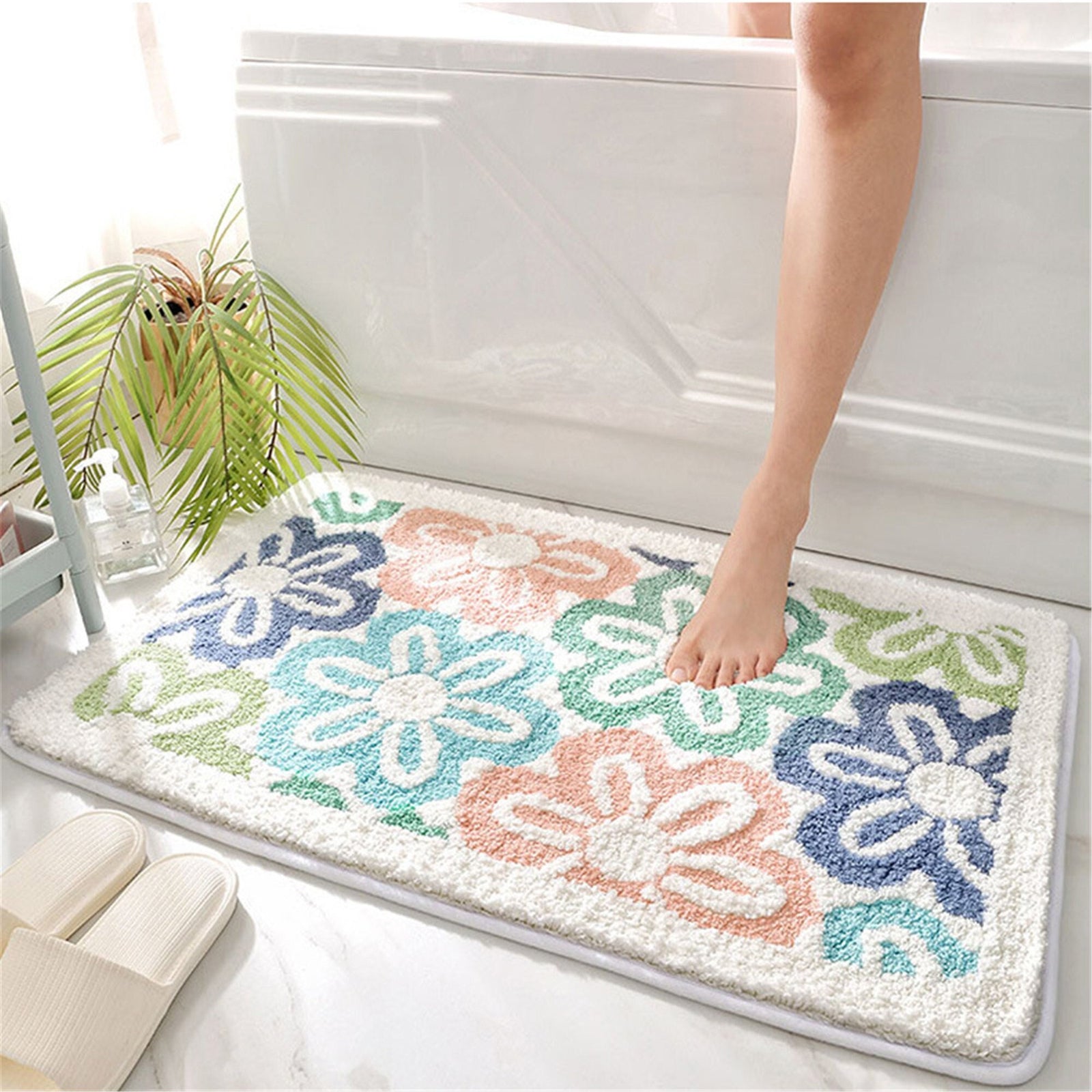 Flower Bath Mat, Colorful Floral Cute Bathroom Rug, Non-slip Mat Moder