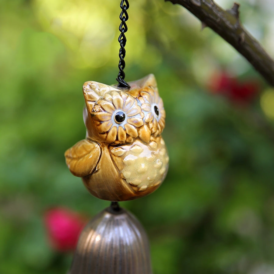 Metal Leave Wind Chime, Ceramic owl Iron Bell Ring Windchime - view 2