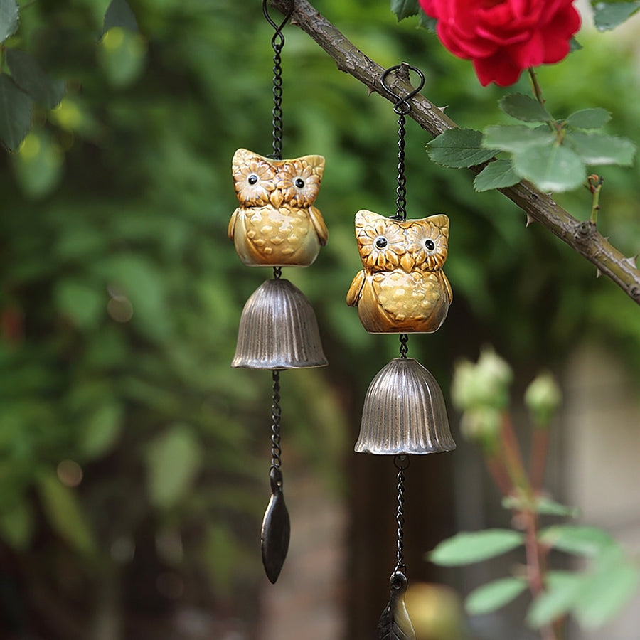 Metal Leave Wind Chime, Ceramic owl Iron Bell Ring Windchime - view 4