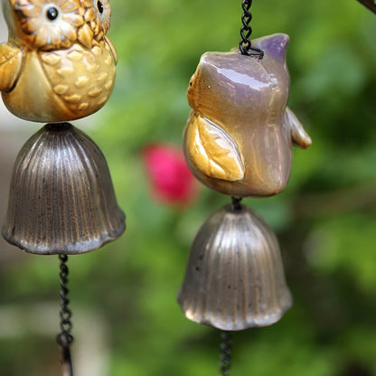 Metal Leave Wind Chime, Ceramic owl Iron Bell Ring Windchime