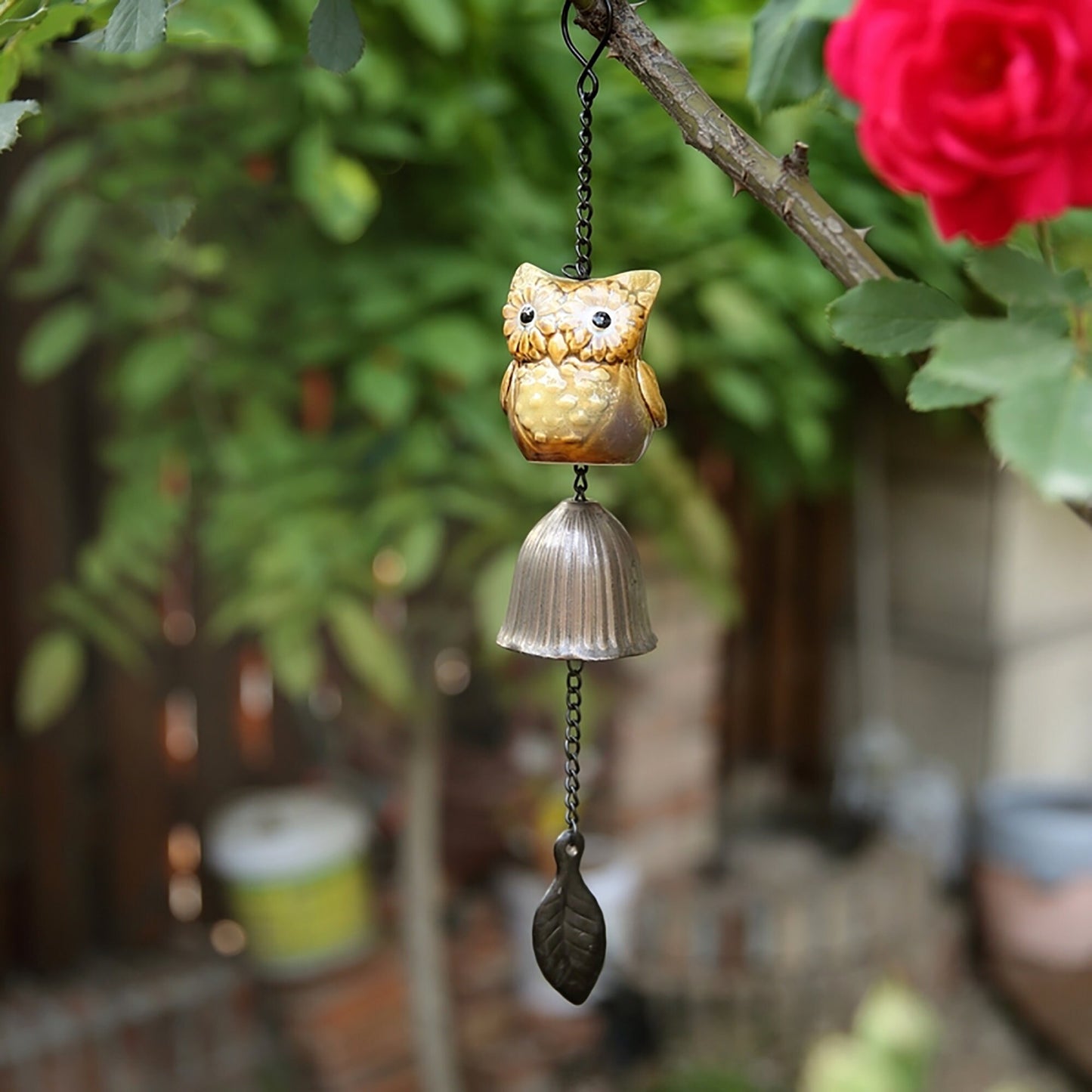 Metal Leave Wind Chime, Ceramic owl Iron Bell Ring Windchime