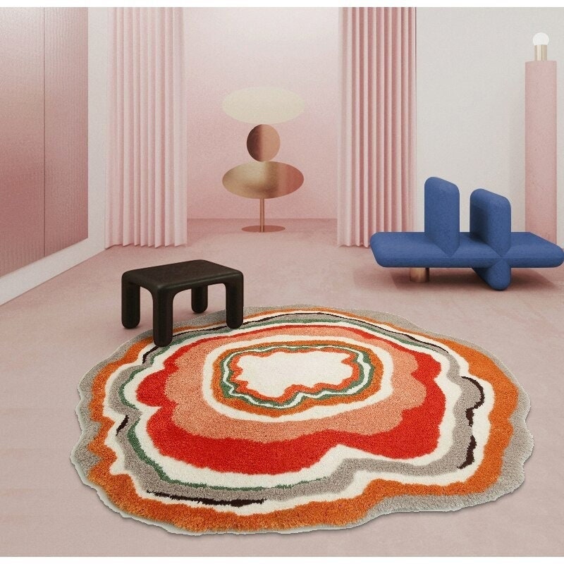 Tufted Round Abstract Retro Rug, Aesthetic Multi Color Rug for Bedroom Living Room