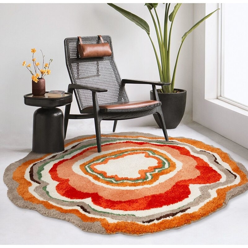 Tufted Round Abstract Retro Rug, Aesthetic Multi Color Rug for Bedroom Living Room