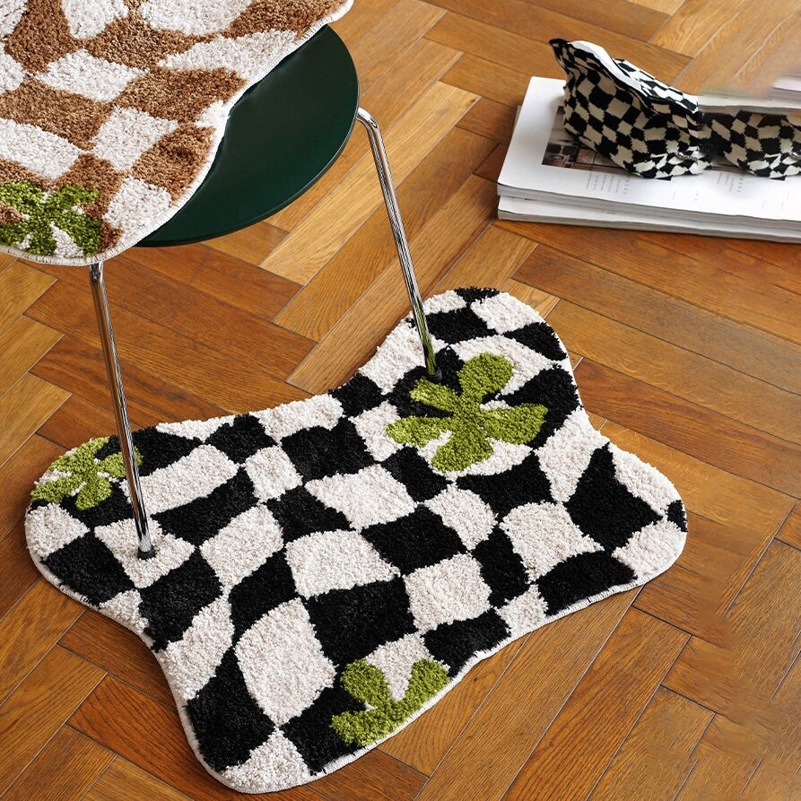 Tufted Checkered Rug, Irregular Shape Mats, Decorative, Soft, Fluffy &amp; Non Slip.