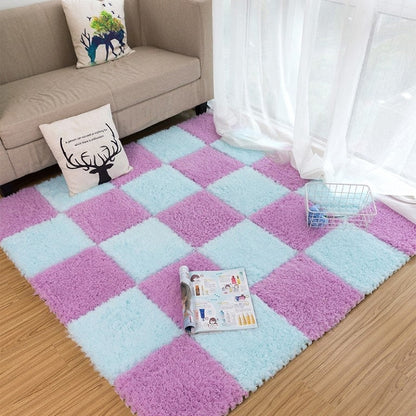 Home Decor Splicing Floor Mat Plush Bedroom Bedside Coffee Table Mats Furry Plaid Decor Area Rugs Absorbent Doormat
