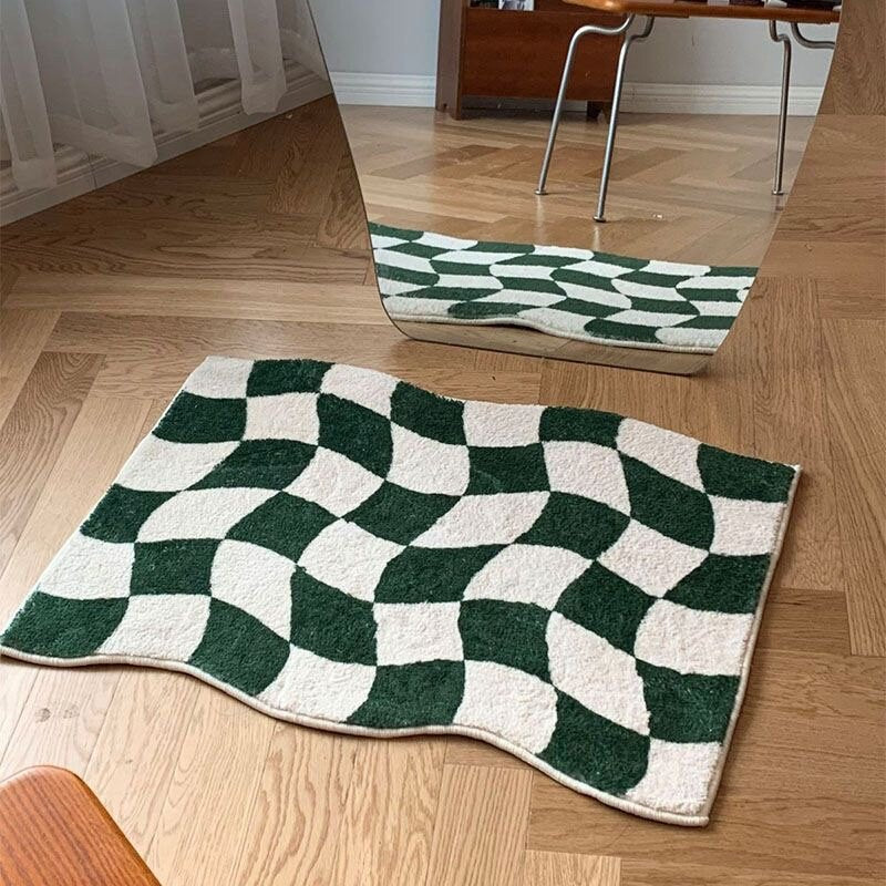 Green Checkered Rug for Bedroom Bathroom, Abstract Waved Bath Mat