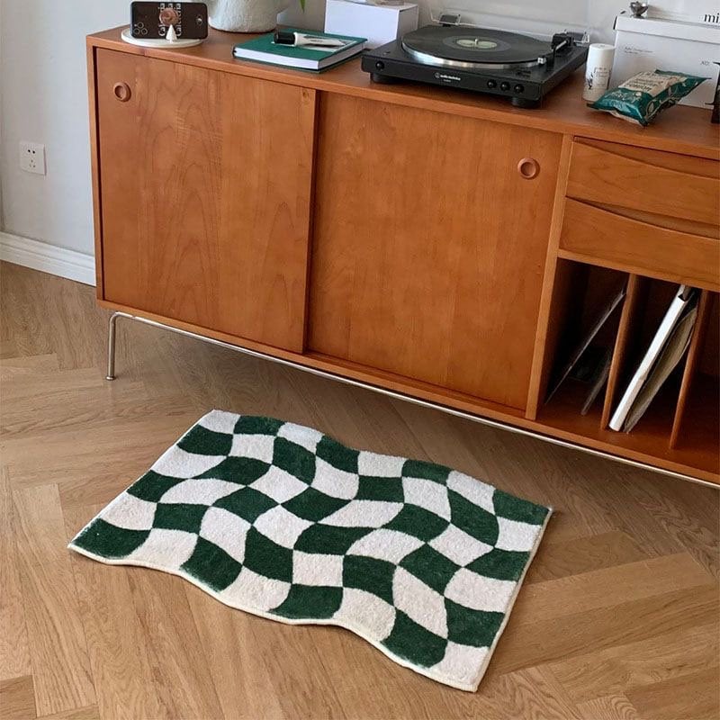 Green Checkered Rug for Bedroom Bathroom, Abstract Waved Bath Mat
