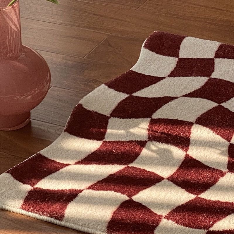 Green Checkered Rug for Bedroom Bathroom, Abstract Waved Bath Mat - view 3