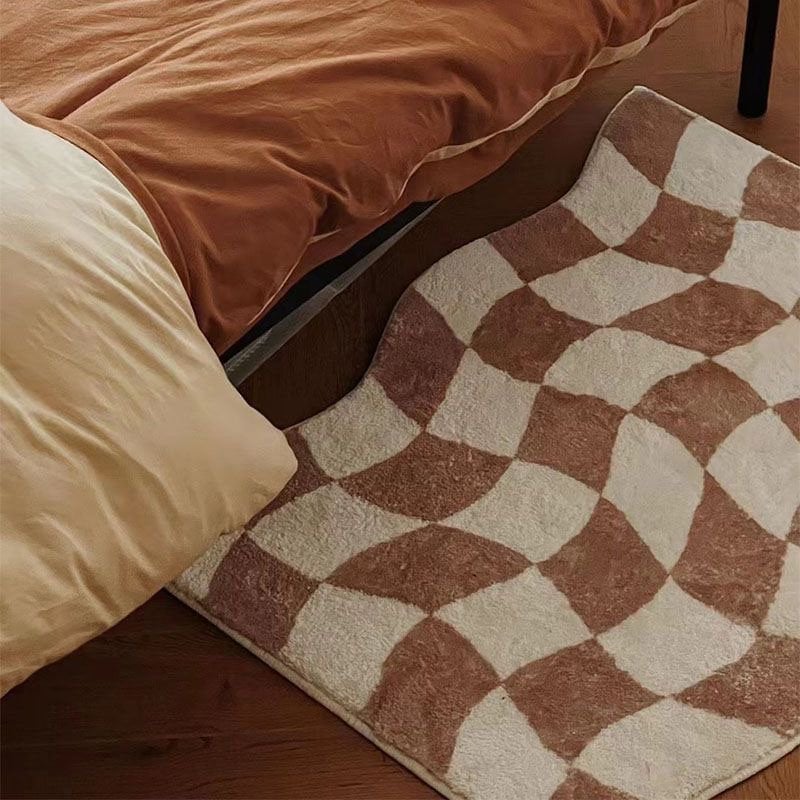 Green Checkered Rug for Bedroom Bathroom, Abstract Waved Bath Mat - view 4