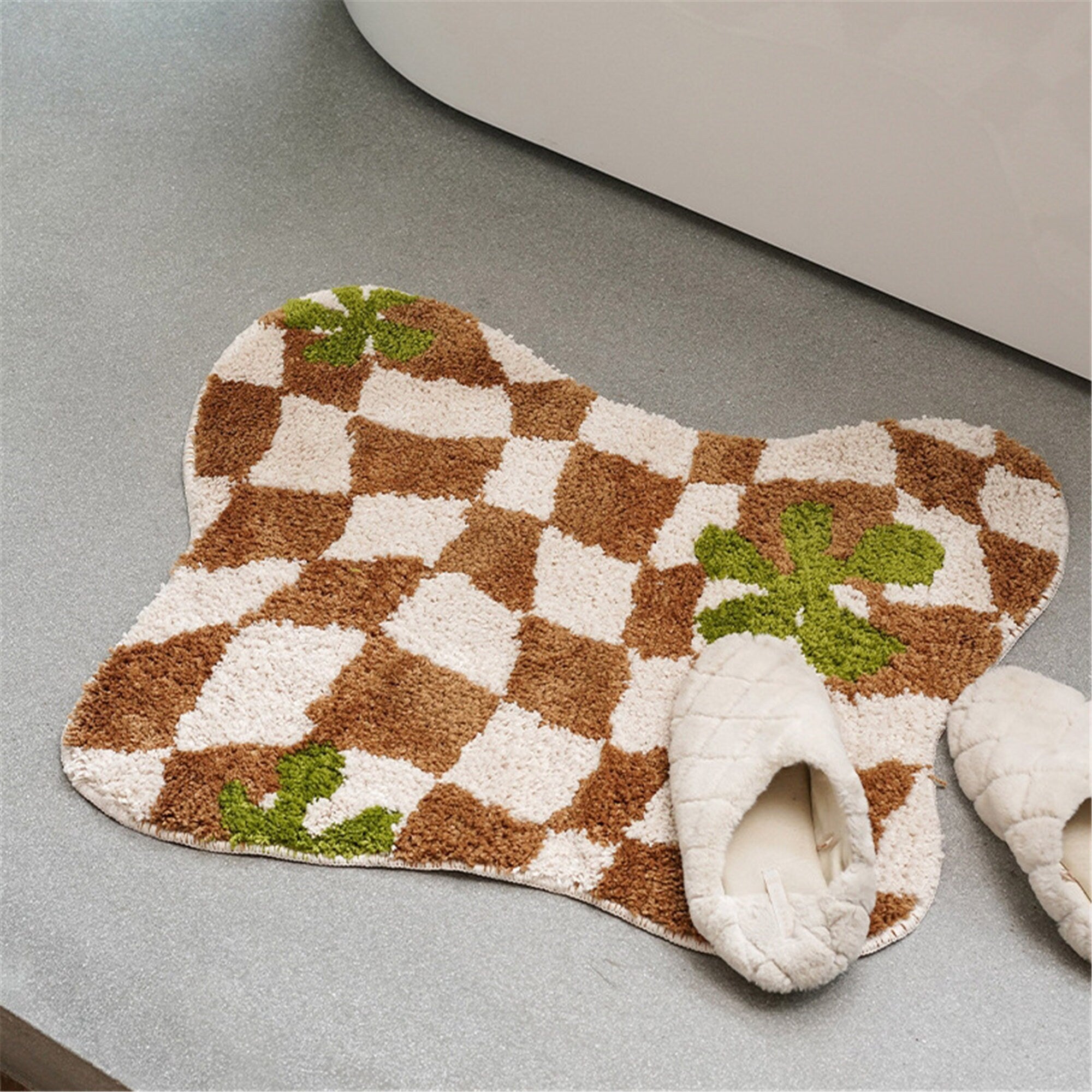 Tufted Checkered Rug, Irregular Shape Mats, Entryway Floor Decorative, Soft Bath Shower Mat, Absorbent Non Slip Bathroom Rugs, Fluffy Carpet