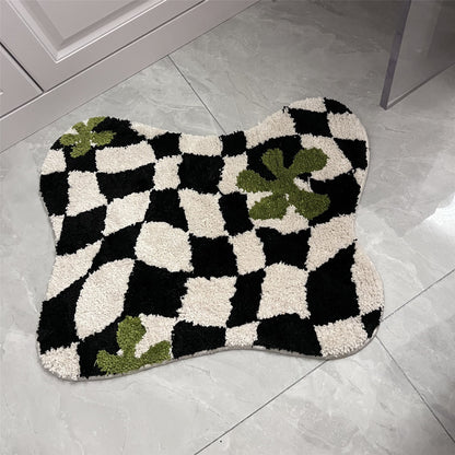 Tufted Checkered Rug, Irregular Shape Mats, Entryway Floor Decorative, Soft Bath Shower Mat, Absorbent Non Slip Bathroom Rugs, Fluffy Carpet