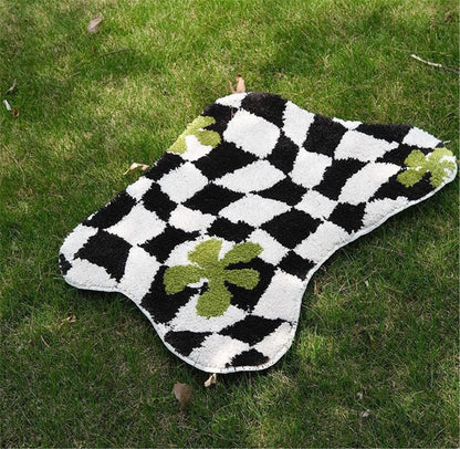 Tufted Checkered Rug, Irregular Shape Mats, Entryway Floor Decorative, Soft Bath Shower Mat, Absorbent Non Slip Bathroom Rugs, Fluffy Carpet