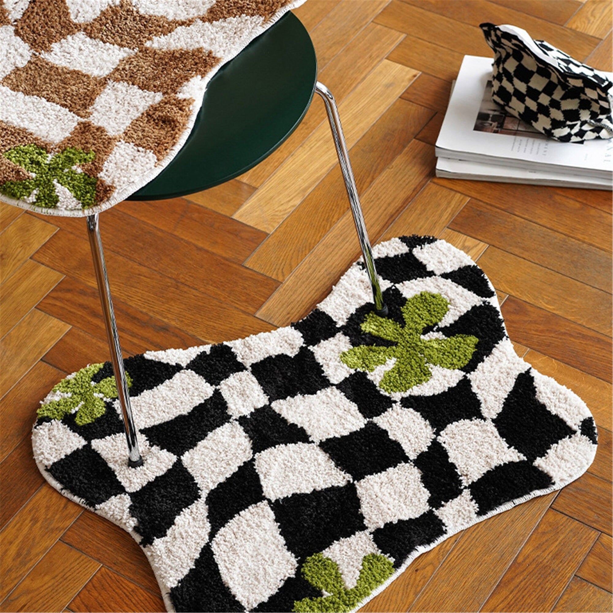 Tufted Checkered Rug, Irregular Shape Mats, Entryway Floor Decorative, Soft Bath Shower Mat, Absorbent Non Slip Bathroom Rugs, Fluffy Carpet