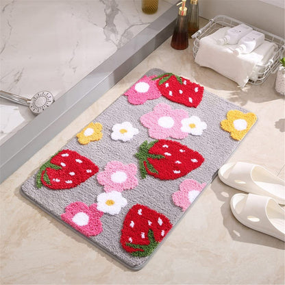 Strawberries Non Slip Bath Mat, Cute Bathroom Shower Mat, Kids Bedroom Mats, Aesthetic Doorstep Carpet, Kitchen Floor Mat, Home Dorm  Decor