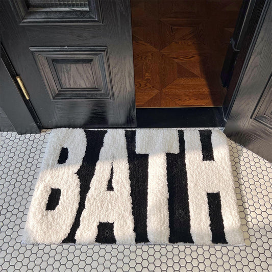 Black and White Bath Rug, Letter Typography Bathroom Rug