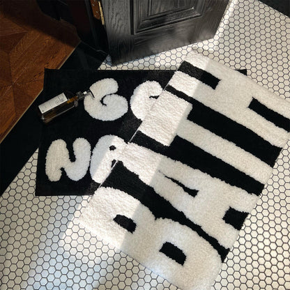 Black and White Bath Rug, Letter Typography Bathroom Rug