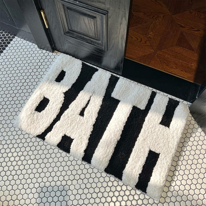 Black and White Bath Rug, Letter Typography Bathroom Rug