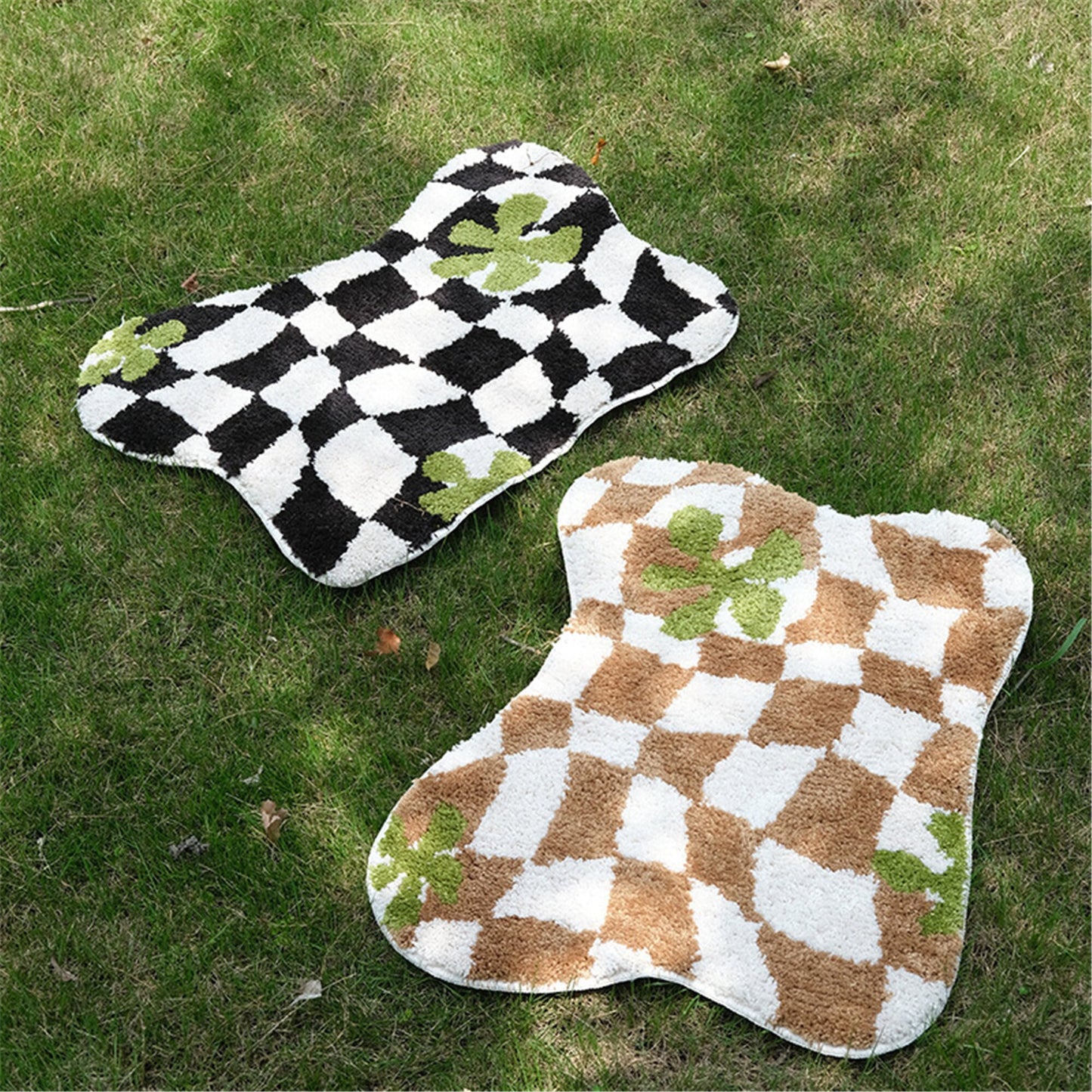 Tufted Checkered Rug, Irregular Shape Mats, Entryway Floor Decorative, Soft Bath Shower Mat, Absorbent Non Slip Bathroom Rugs, Fluffy Carpet