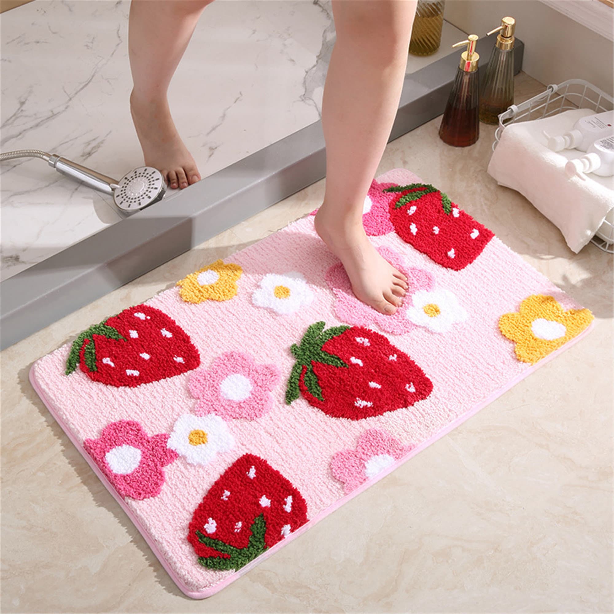 Strawberries Non Slip Bath Mat, Cute Bathroom Shower Mat, Kids Bedroom Mats, Aesthetic Doorstep Carpet, Kitchen Floor Mat, Home Dorm  Decor