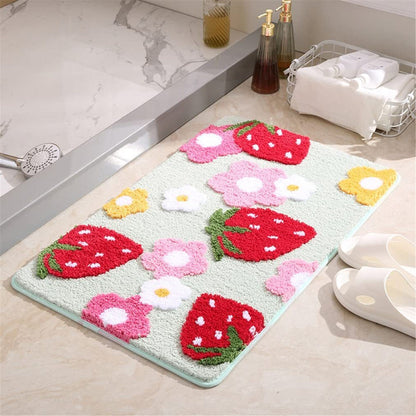 Strawberries Non Slip Bath Mat, Cute Bathroom Shower Mat, Kids Bedroom Mats, Aesthetic Doorstep Carpet, Kitchen Floor Mat, Home Dorm  Decor