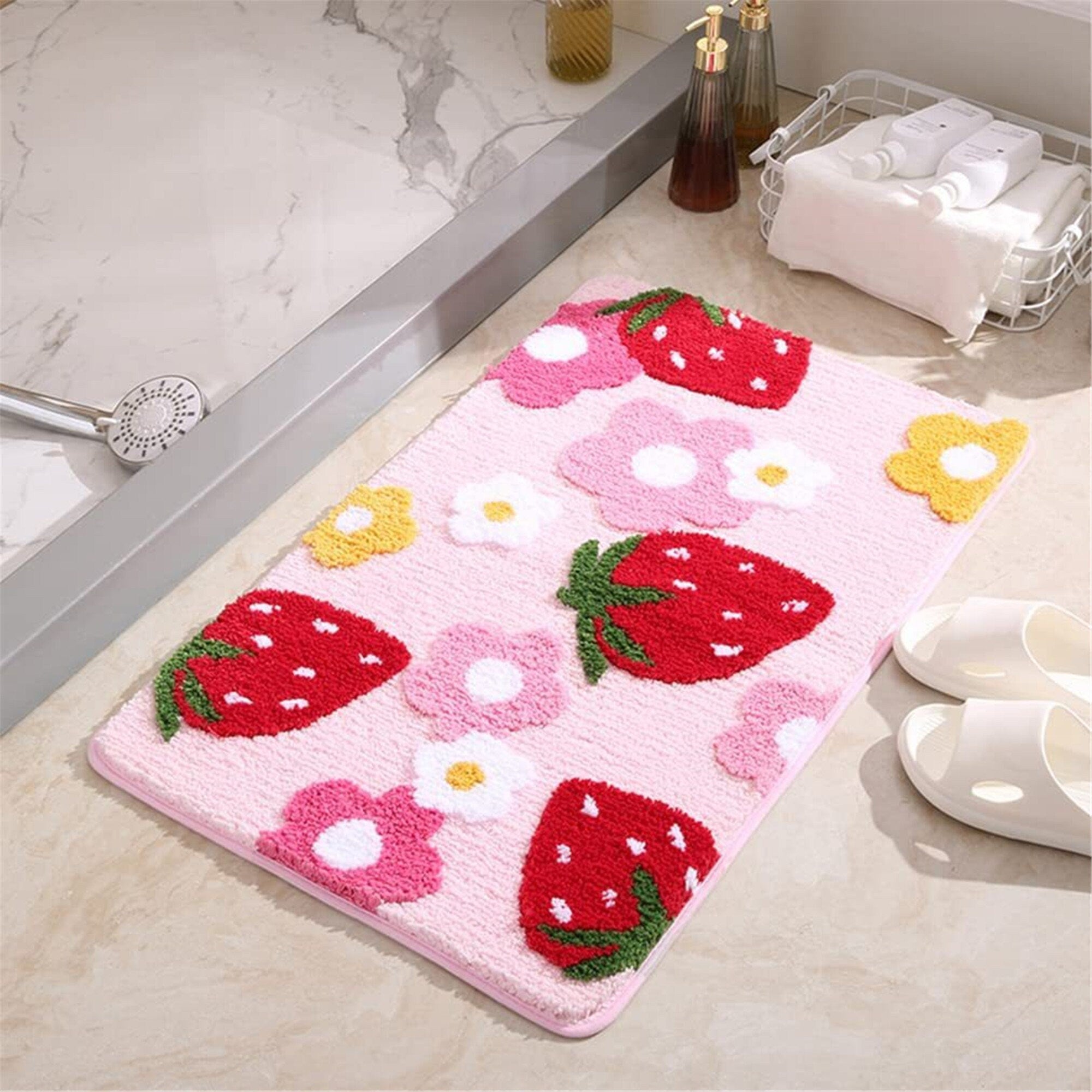 Strawberries Non Slip Bath Mat, Cute Bathroom Shower Mat, Kids Bedroom Mats, Aesthetic Doorstep Carpet, Kitchen Floor Mat, Home Dorm  Decor