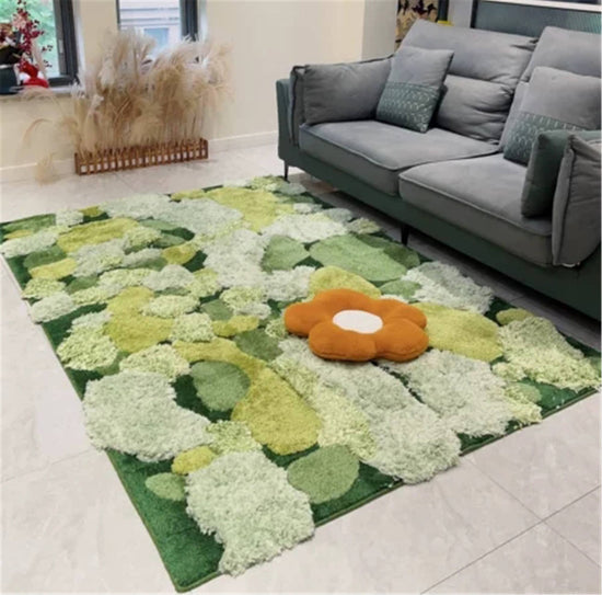 Large Green Moss Rug, Soft 3D Area Rug, Spring Grass Hand Tufted Fluff