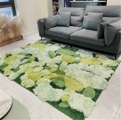 Large Green Moss Rug, Soft 3D Area Rug, Spring Grass Hand Tufted Fluffy Rug, Home Irregular Carpet, Washable Non-Slip Mat, Cottagecore Rug