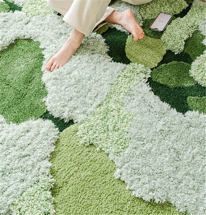 Large Green Moss Rug, Soft 3D Area Rug, Spring Grass Hand Tufted Fluffy Rug, Home Irregular Carpet, Washable Non-Slip Mat, Cottagecore Rug