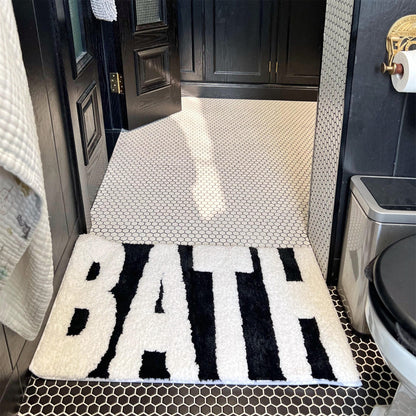 Black and White Bath Rug, Letter Typography Bathroom Rug