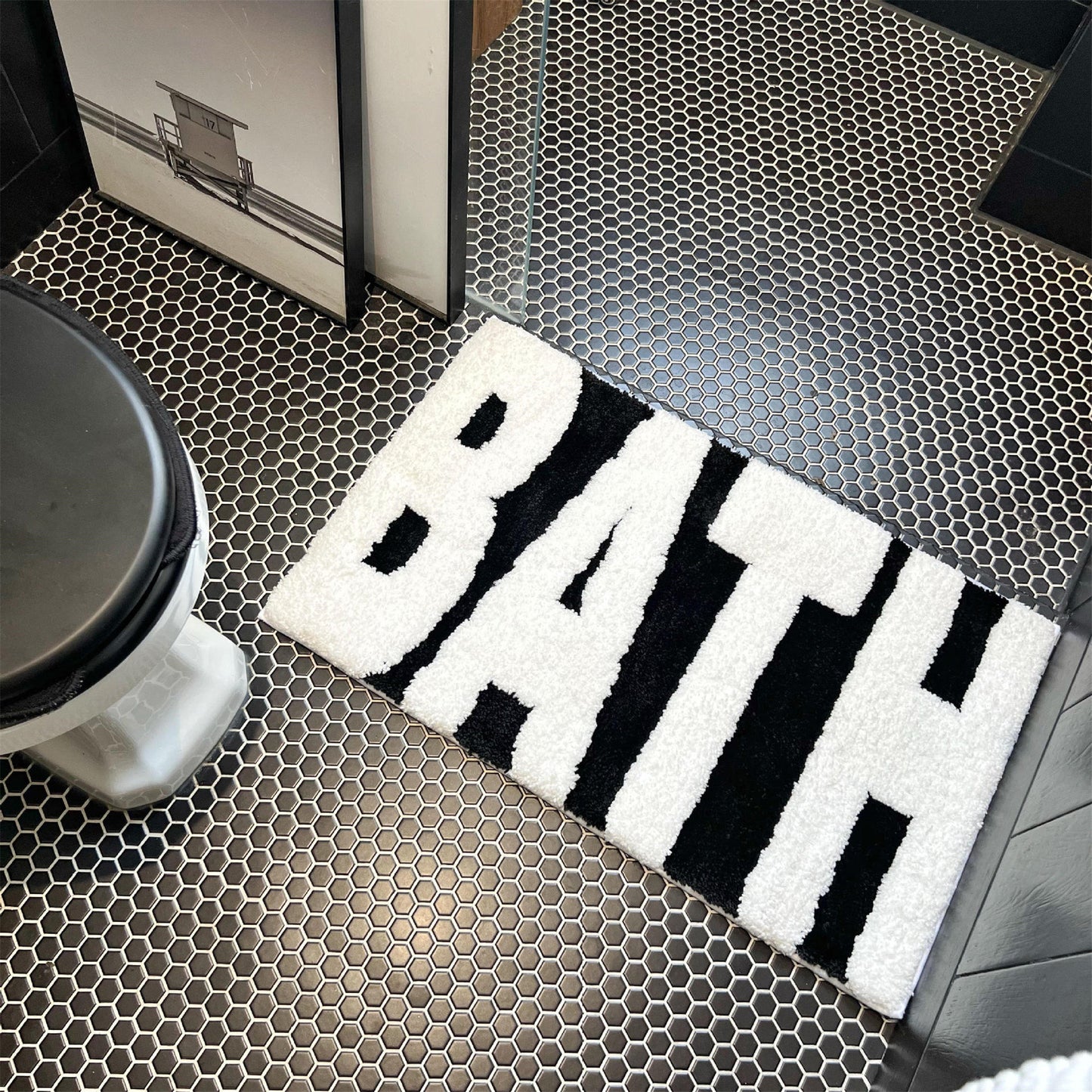 Black and White Bath Rug, Letter Typography Bathroom Rug