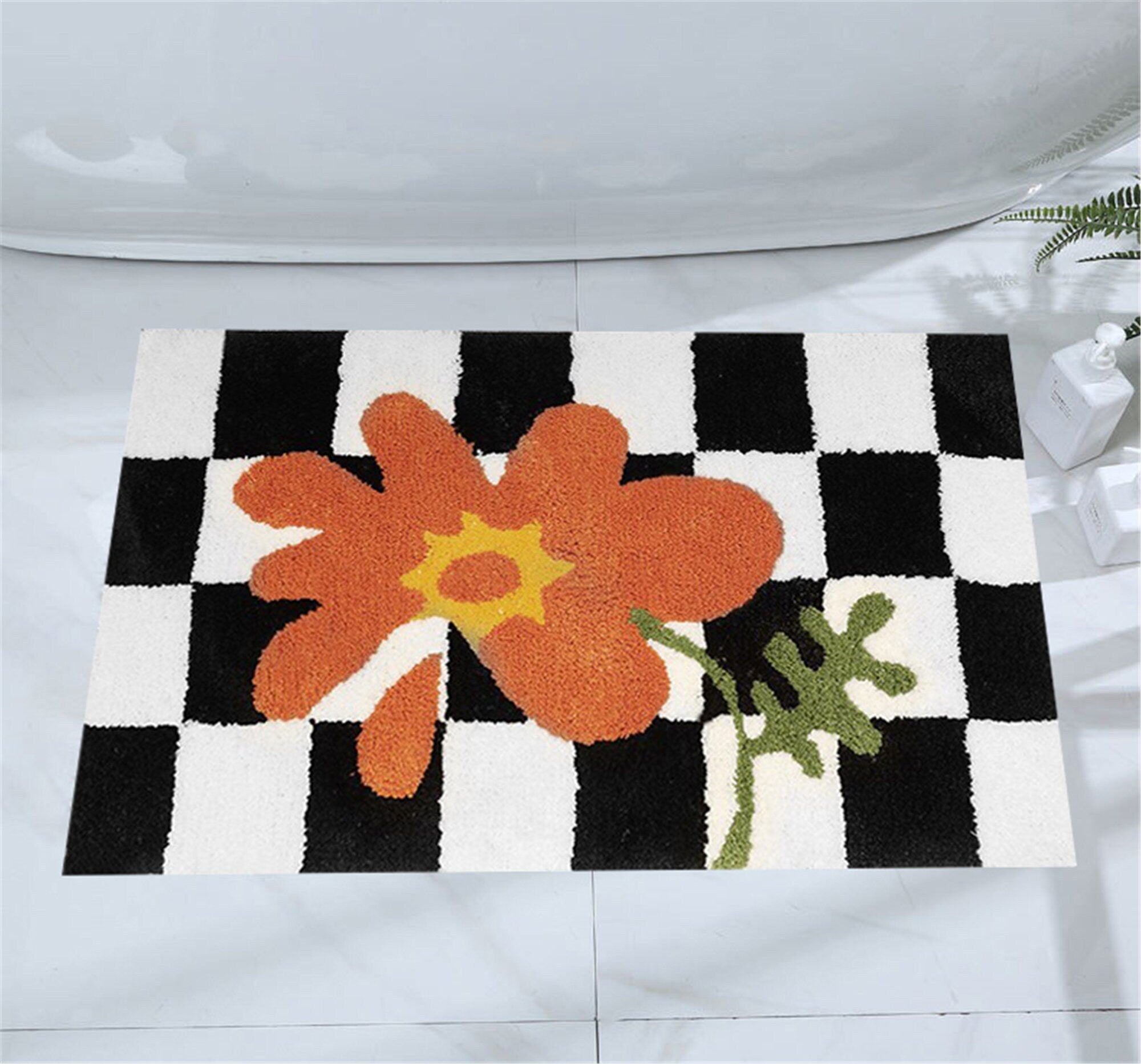 Aesthetic Checkered Rug, Hand Tufted Bath Mats, Entryway Floor Decorative, Soft Shower Mat, Absorbent Non Slip Bathroom Rugs, Fluffy Carpet