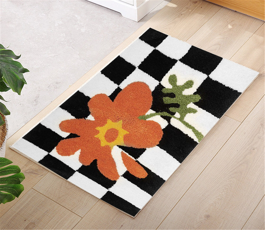 Aesthetic Checkered Rug, Hand Tufted Bath Mats, Entryway Floor Decorative, Soft Shower Mat, Absorbent Non Slip