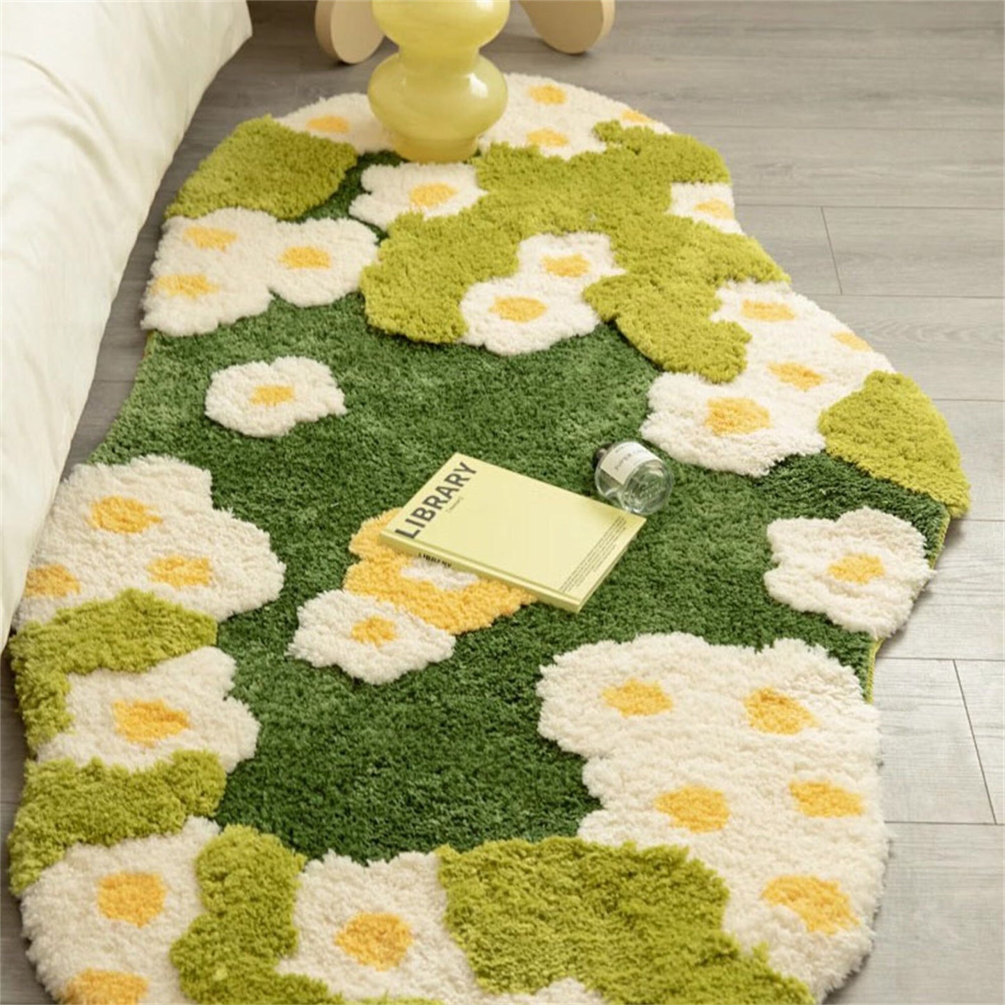 Daisy Green Grass Soft Tufted Fluffy Rug, Fairy Garden Moss Rug, 3D Floral Area Rug, Irregular Carpet, Aesthetic Rug, Washable Non-Slip Mat