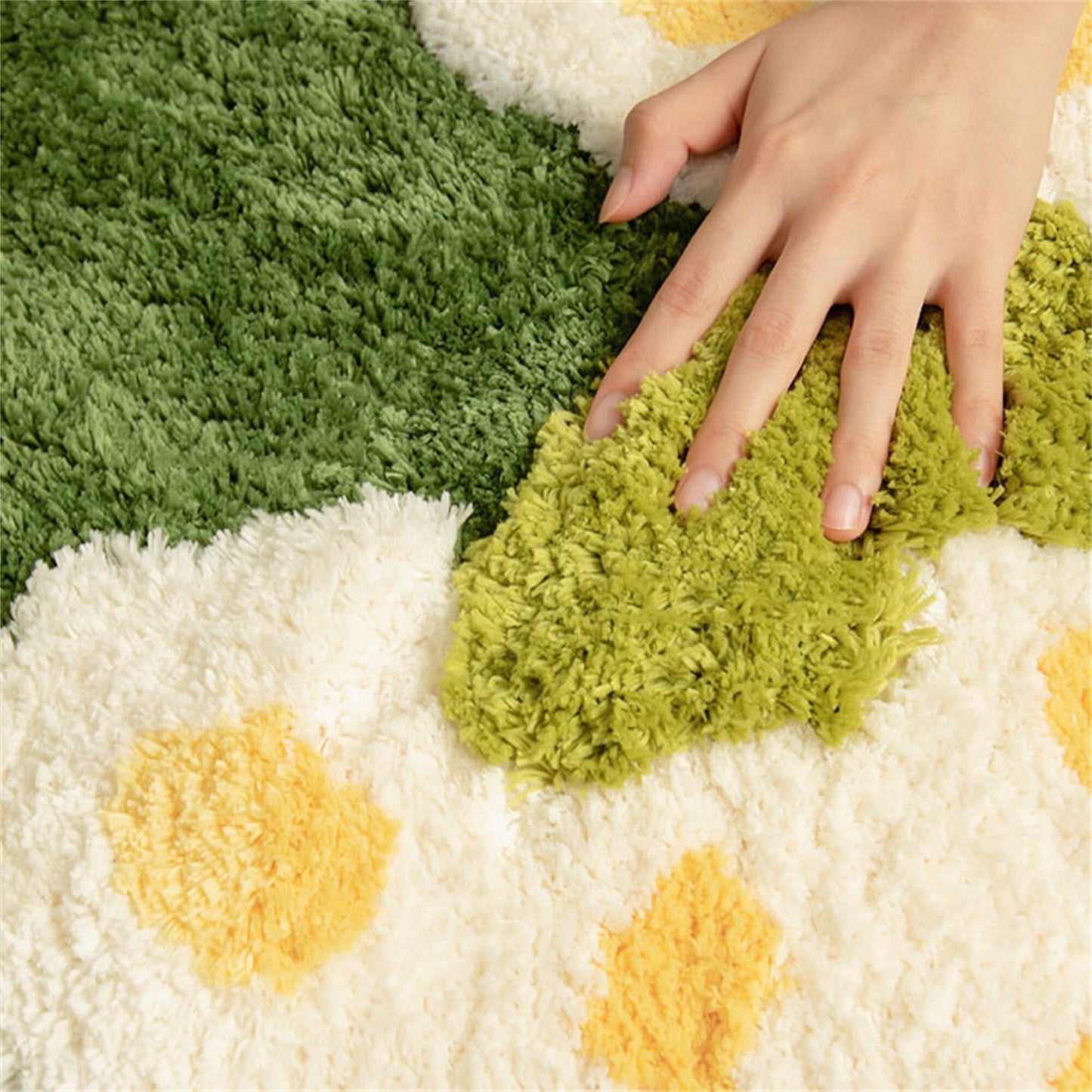 Daisy Green Grass Soft Tufted Fluffy Rug, Fairy Garden Moss Rug, 3D Floral Area Rug, Irregular Carpet, Aesthetic Rug, Washable Non-Slip Mat