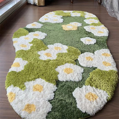 Daisy Green Grass Soft Tufted Fluffy Rug, Fairy Garden Moss Rug, 3D Floral Area Rug, Irregular Carpet, Aesthetic Rug, Washable Non-Slip Mat