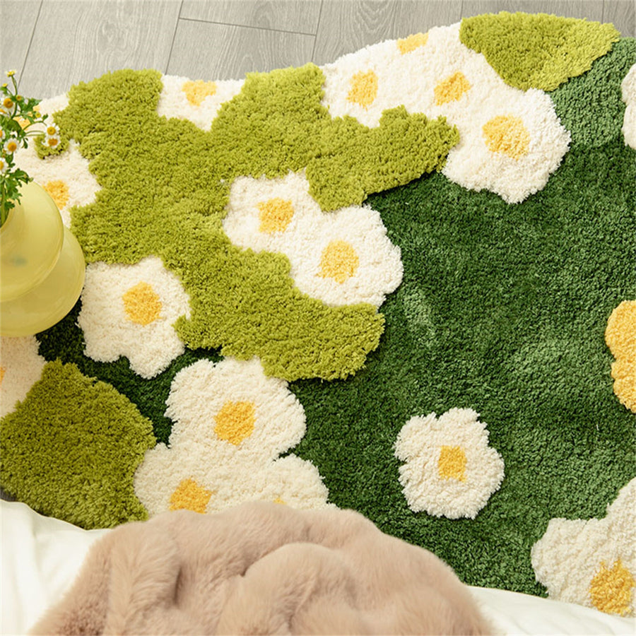 Daisy Green Grass Soft Tufted Fluffy Rug, Fairy Garden Moss Rug, 3D Floral Area Rug, Irregular Carpet, Aesthet - view 4