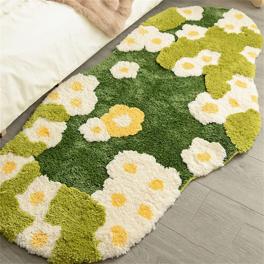 Daisy Green Grass Soft Tufted Fluffy Rug, Fairy Garden Moss Rug, 3D Floral Area Rug, Irregular Carpet, Aesthet