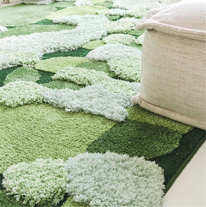 Large Green Moss Rug, Soft 3D Area Rug, Spring Grass Hand Tufted Fluffy Rug, Home Irregular Carpet, Washable Non-Slip Mat, Cottagecore Rug